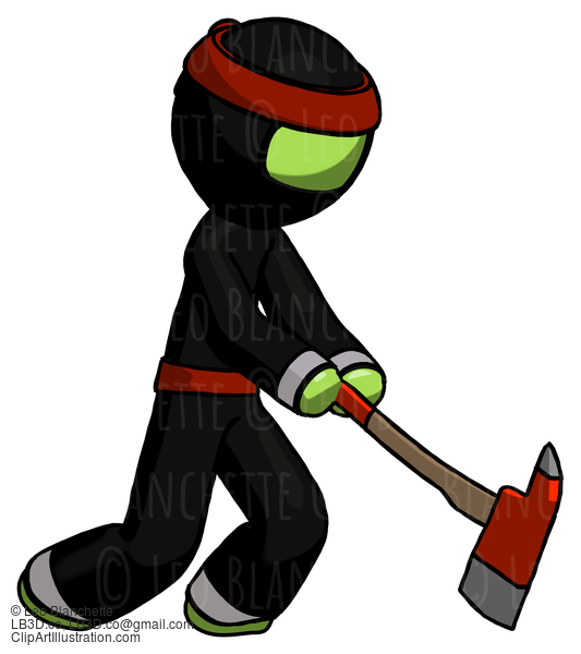 Green Ninja Warrior Man Striking With A Red Firefighter’S Ax #5464