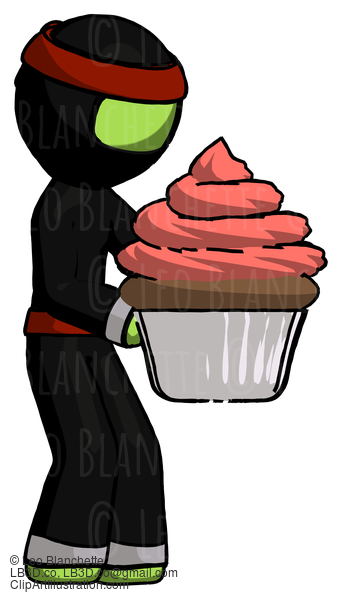 Green Ninja Warrior Man Holding Large Cupcake Ready To Eat Or Serve #5474