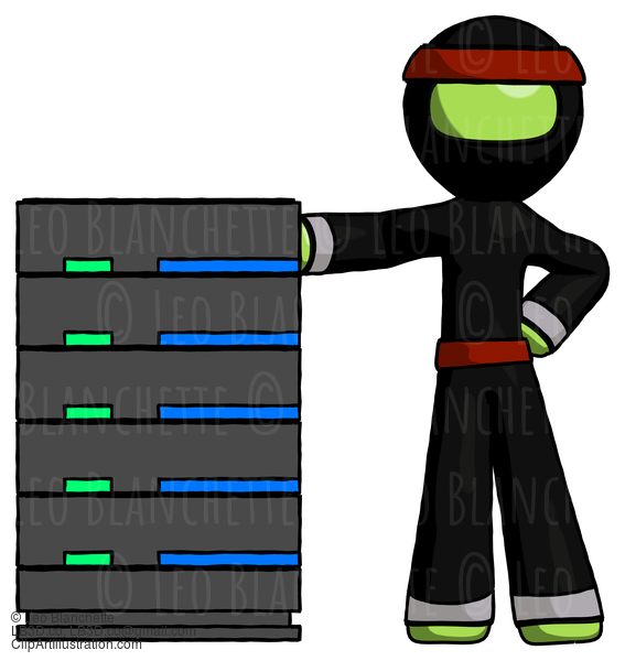 Green Ninja Warrior Man With Server Rack Leaning Confidently Against It #5475