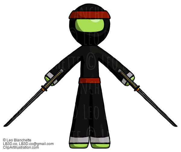 Green Ninja Warrior Man Posing With Two Ninja Sword Katanas #5477