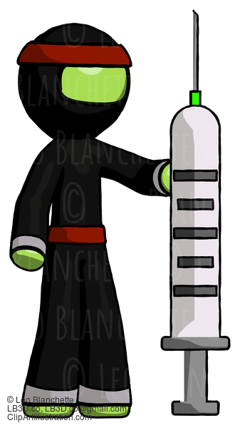 Green Ninja Warrior Man Holding Large Syringe #5481