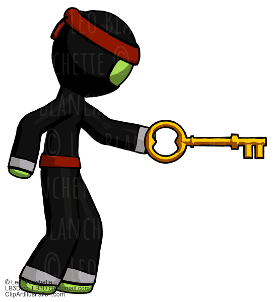 Green Ninja Warrior Man With Big Key Of Gold Opening Something #5485