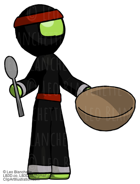 Green Ninja Warrior Man With Empty Bowl And Spoon Ready To Make Something #5488