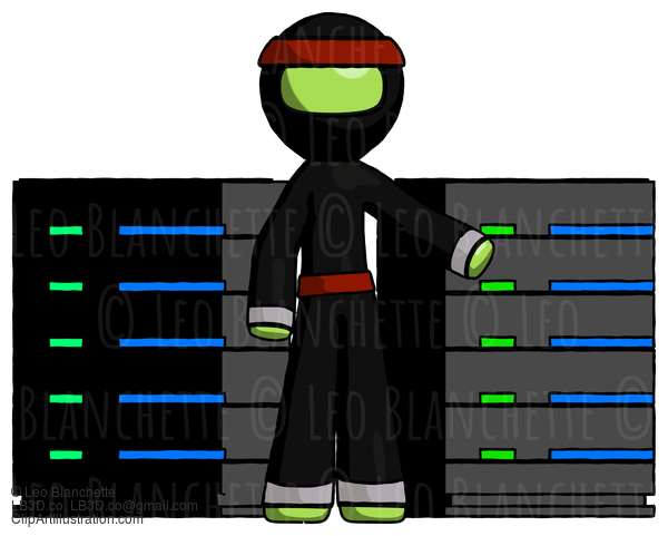 Green Ninja Warrior Man With Server Racks, In Front Of Two Networked Systems #5491