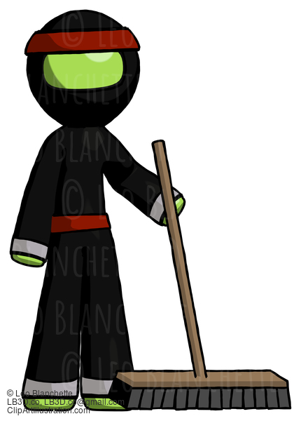 Green Ninja Warrior Man Standing With Industrial Broom #5501