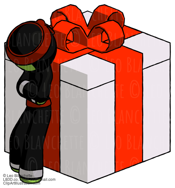 Green Ninja Warrior Man Leaning On Gift With Red Bow Angle View #5503