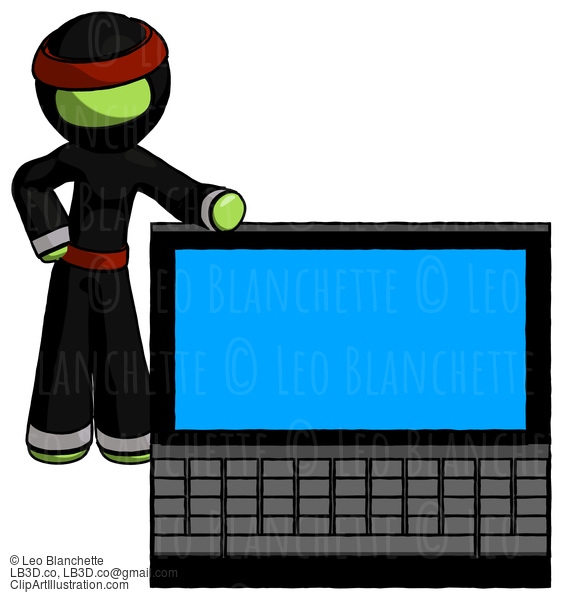 Green Ninja Warrior Man Beside Large Laptop Computer, Leaning Against It #5506