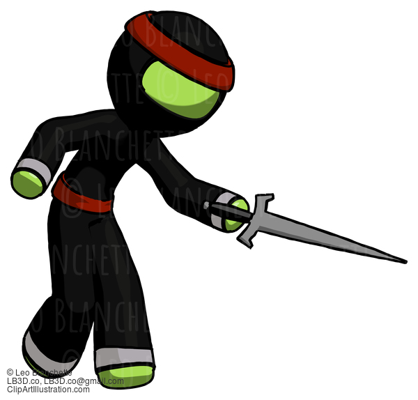 Green Ninja Warrior Man Sword Pose Stabbing Or Jabbing #5507