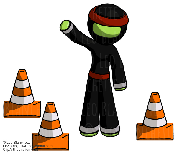 Green Ninja Warrior Man Standing By Traffic Cones Waving #5509