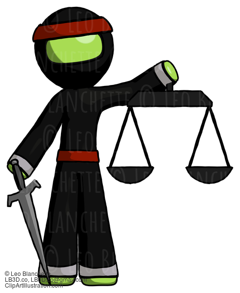 Green Ninja Warrior Man Justice Concept With Scales And Sword, Justicia Derived #5510