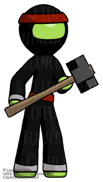 Green Ninja Warrior Man With Sledgehammer Standing Ready To Work Or Defend #5512