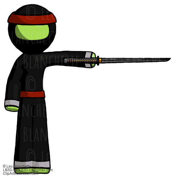 Green Ninja Warrior Man Standing With Ninja Sword Katana Pointing Right #5521