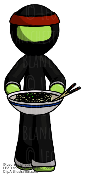 Green Ninja Warrior Man Serving Or Presenting Noodles #5525