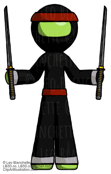 Green Ninja Warrior Man Posing With Two Ninja Sword Katanas Up #5533