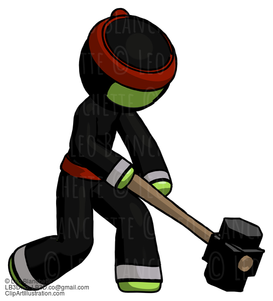 Green Ninja Warrior Man Hitting With Sledgehammer, Or Smashing Something At Angle #5542