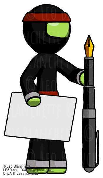 Green Ninja Warrior Man Holding Large Envelope And Calligraphy Pen #5544