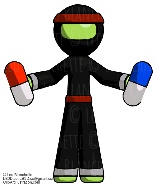 Green Ninja Warrior Man Holding A Red Pill And Blue Pill #5546