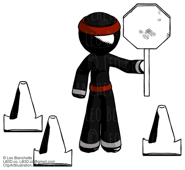 Ink Ninja Warrior Man Holding Stop Sign By Traffic Cones Under Construction Concept #4034