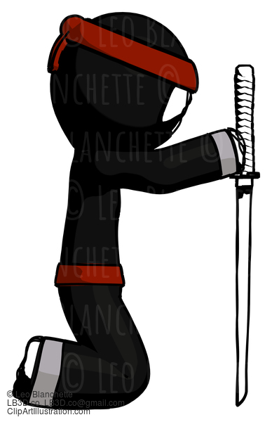 Ink Ninja Warrior Man Kneeling With Ninja Sword Katana Showing Respect #4275