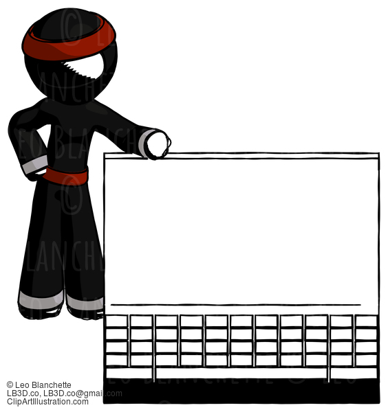 Ink Ninja Warrior Man Beside Large Laptop Computer, Leaning Against It #4313