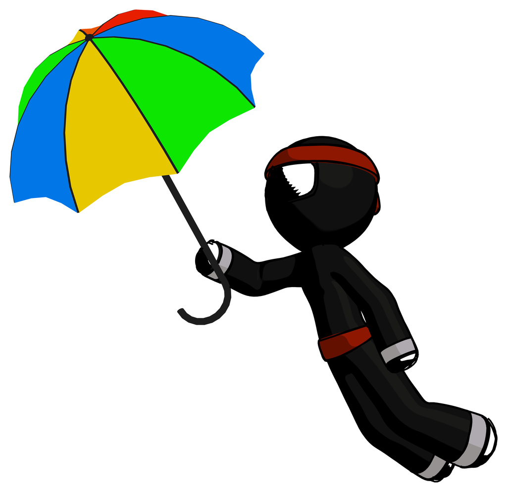 Ink Ninja Warrior Man Flying With Rainbow Colored Umbrella