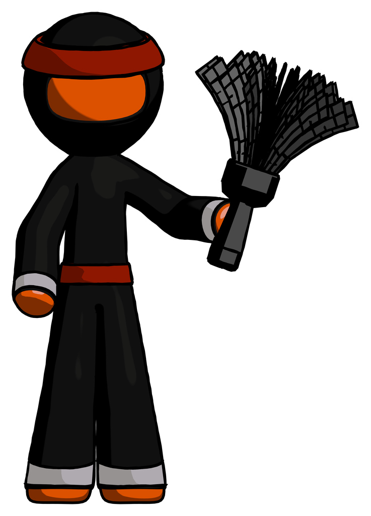 Orange Ninja Warrior Man Holding Feather Duster Facing Forward