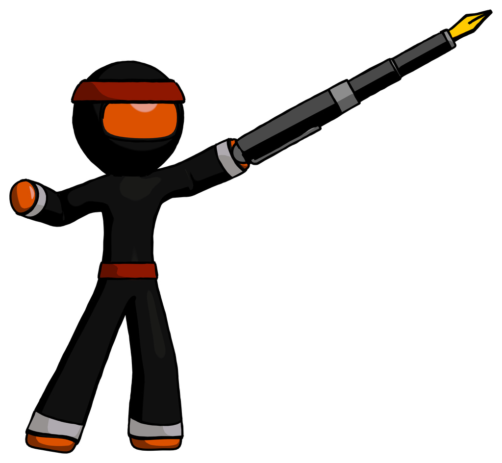 Orange Ninja Warrior Man pen is mightier than the sword calligraphy pose
