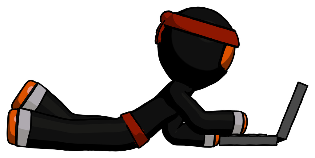 Orange Ninja Warrior Man using laptop computer while lying on floor side view
