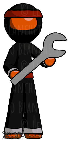 Orange Ninja Warrior Man Holding Large Wrench With Both Hands #4654