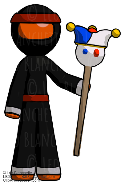 Orange Ninja Warrior Man Holding Jester Staff #4656