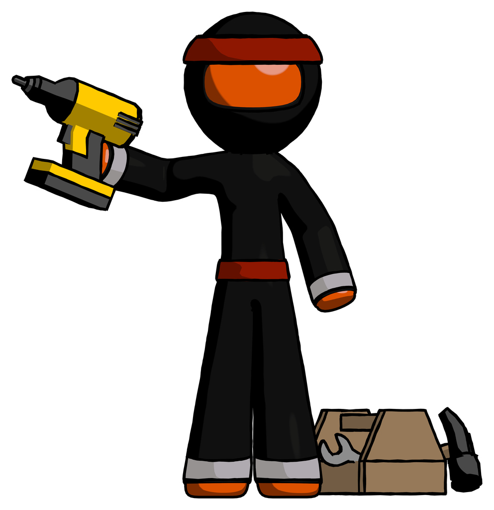 Orange Ninja Warrior Man Holding Drill Ready To Work, Toolchest And Tools To Right