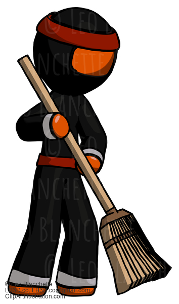 Orange Ninja Warrior Man Sweeping Area With Broom #4662