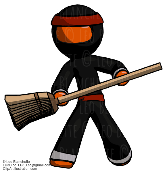 Orange Ninja Warrior Man Broom Fighter Defense Pose #4663