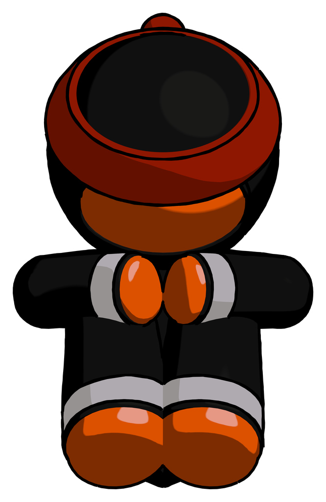 Orange Ninja Warrior Man Sitting with Head Down Facing Forward