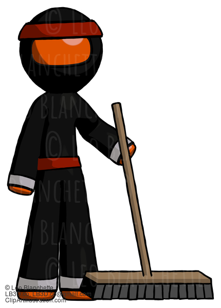 Orange Ninja Warrior Man Standing With Industrial Broom #4666