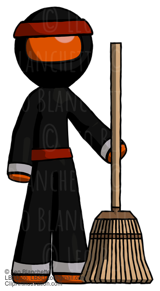 Orange Ninja Warrior Man Standing With Broom Cleaning Services #4667