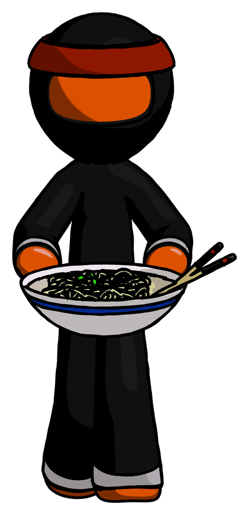 Orange Ninja Warrior Man serving or presenting noodles