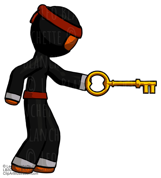 Orange Ninja Warrior Man With Big Key Of Gold Opening Something #4674