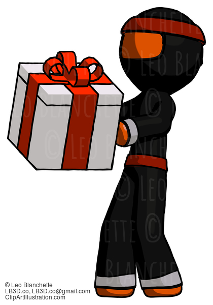 Orange Ninja Warrior Man Presenting A Present With Large Red Bow On It #4675