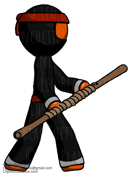 Orange Ninja Warrior Man Holding Bo Staff In Sideways Defense Pose #4679