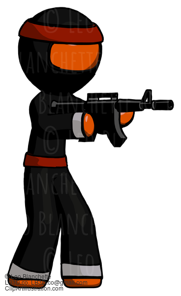 Orange Ninja Warrior Man Shooting Automatic Assault Weapon #4698