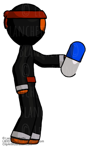 Orange Ninja Warrior Man Holding Blue Pill Walking To Right #4701