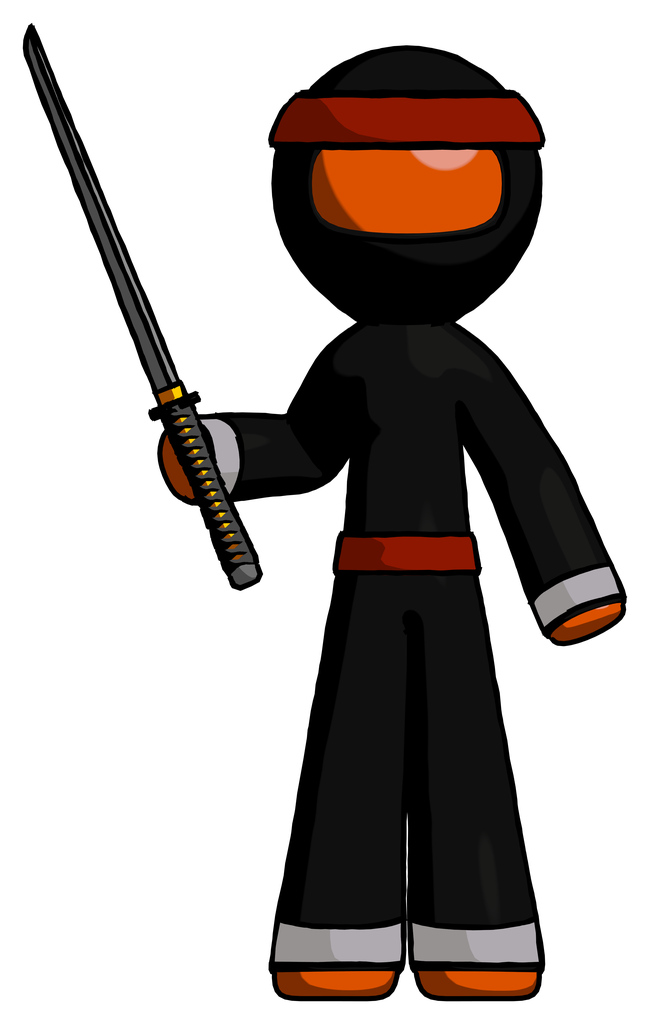Orange Ninja Warrior Man standing up with ninja sword katana