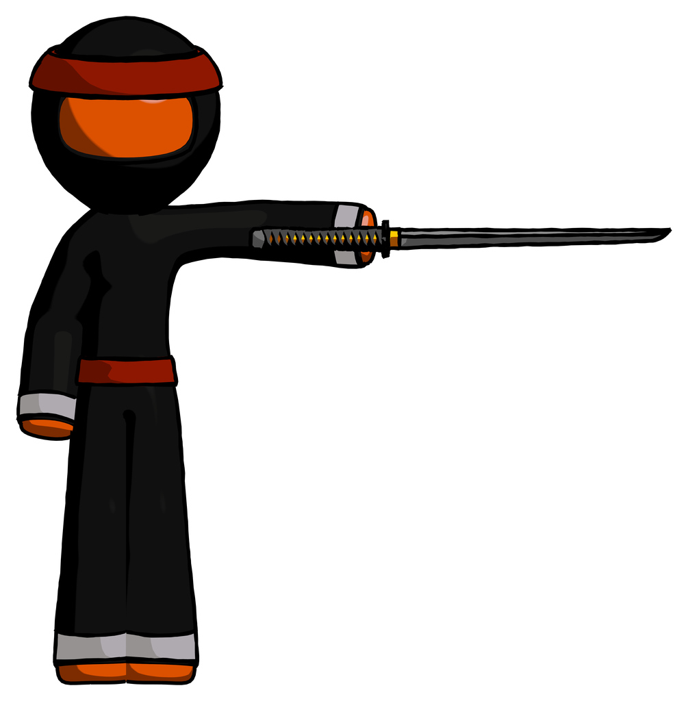 Orange Ninja Warrior Man standing with ninja sword katana pointing right