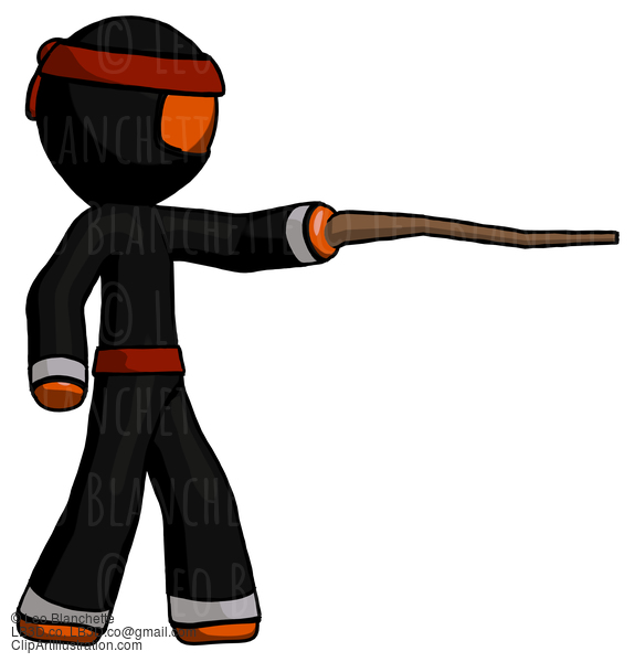 Orange Ninja Warrior Man Pointing With Hiking Stick #4718