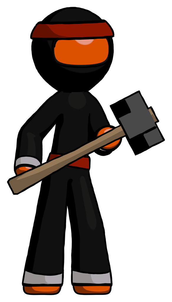 Orange Ninja Warrior Man with sledgehammer standing ready to work or defend