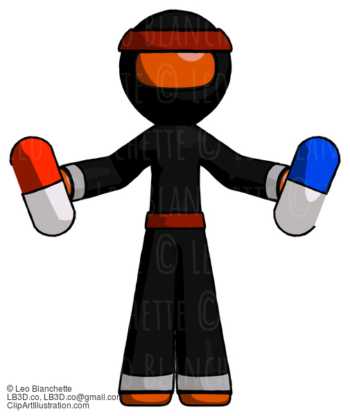 Orange Ninja Warrior Man Holding A Red Pill And Blue Pill #4721