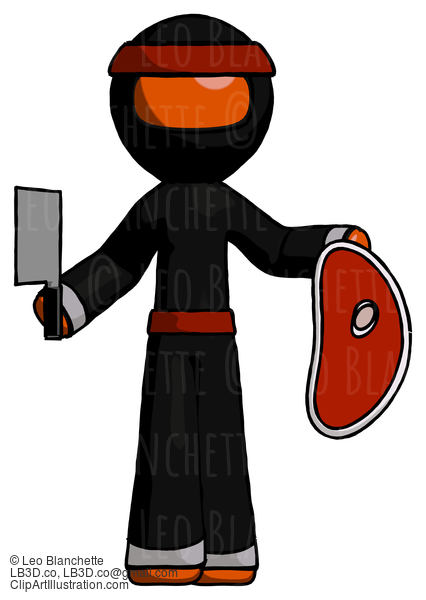 Orange Ninja Warrior Man Holding Large Steak With Butcher Knife #4726