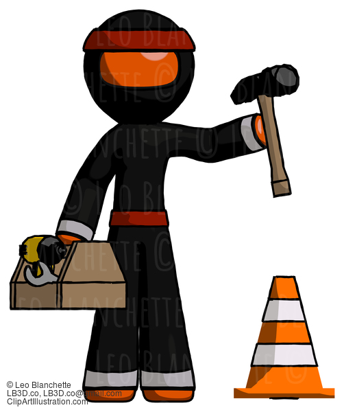 Orange Ninja Warrior Man Under Construction Concept, Traffic Cone And Tools #4728