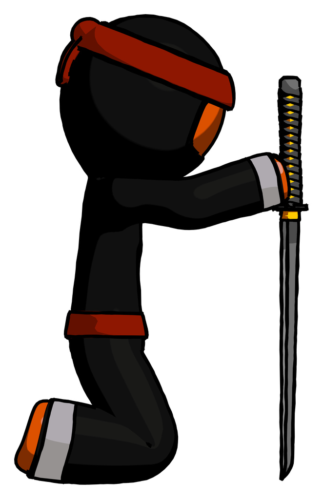 Orange Ninja Warrior Man kneeling with ninja sword katana showing respect
